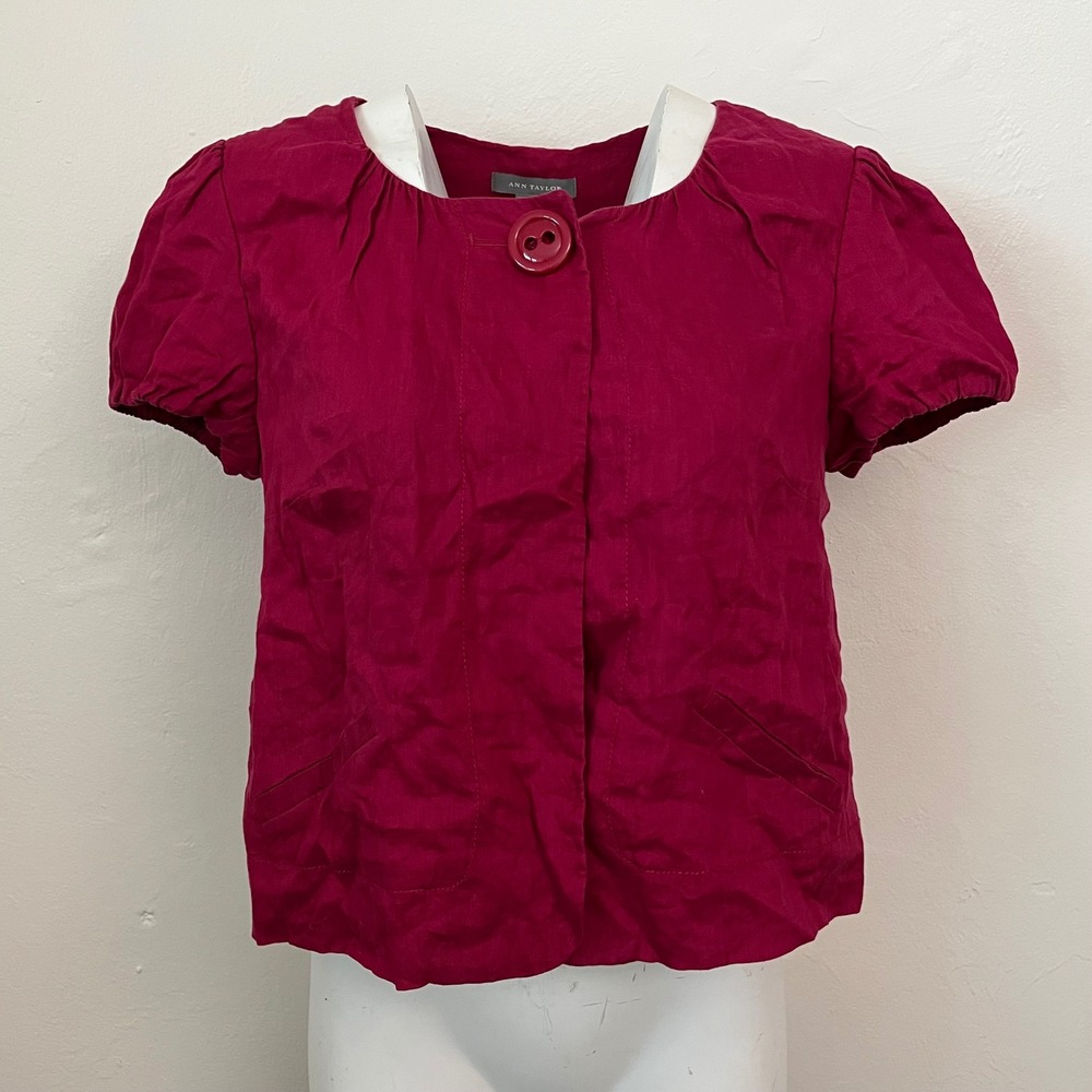 Ann Taylor Magenta Pink 100% Linen Short Sleeve Cropped Jacket Size L